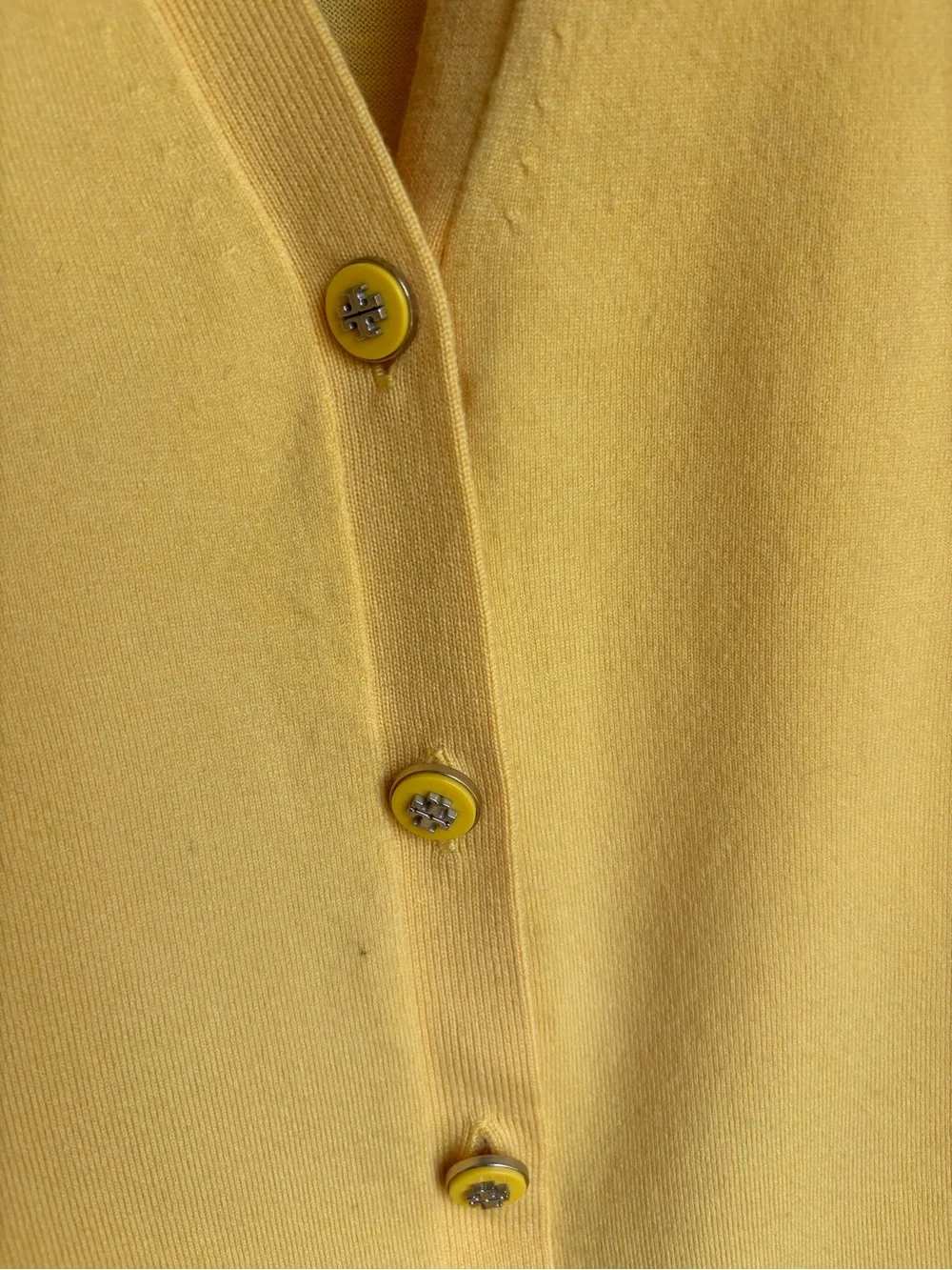 Tory Burch Merino Wool Cardigan Large Yellow Logo Button V-Neck Sweater